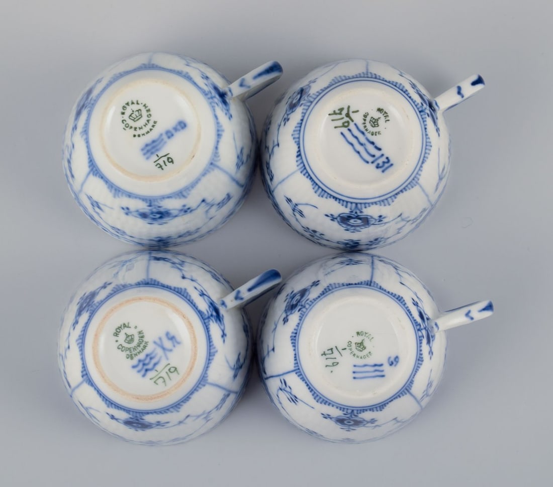 Royal Copenhagen Blue Fluted Half Lace. A set of four porcelain coffee cups with saucers. - 7