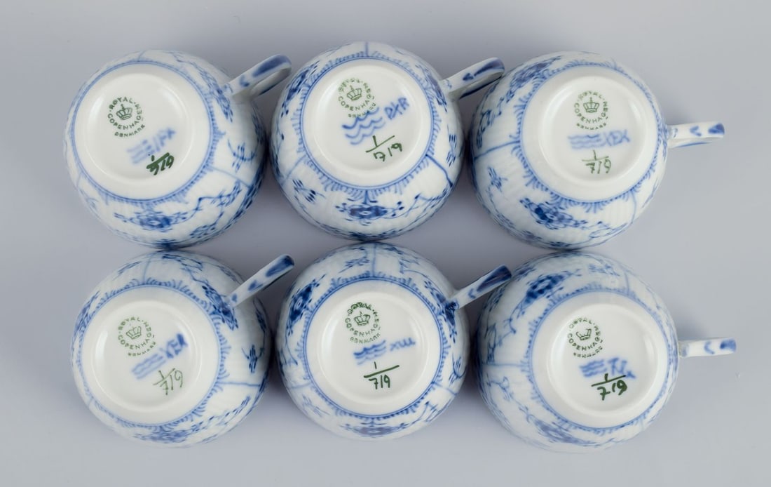 Royal Copenhagen Blue Fluted Half Lace, six pairs of porcelain coffee cups with saucers. - 6