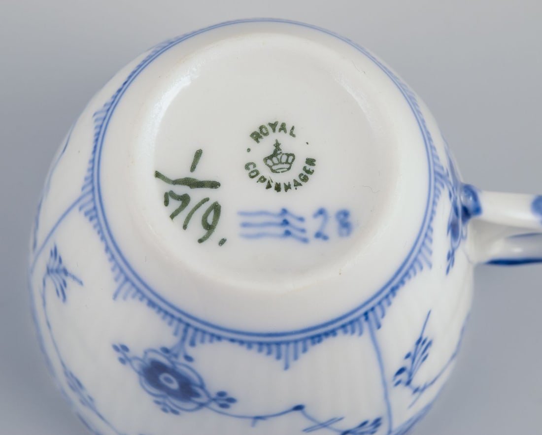 Royal Copenhagen Blue Fluted Half Lace, six pairs of coffee cups with saucers. - 5
