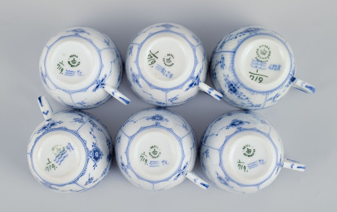 Royal Copenhagen Blue Fluted Half Lace, six pairs of coffee cups with saucers. - 6