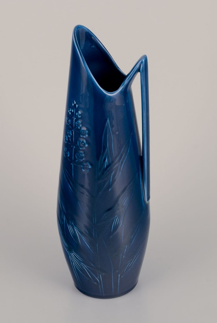Rörstrand, large pitcher in porcelain. Floral motifs. Blue glaze. - 4