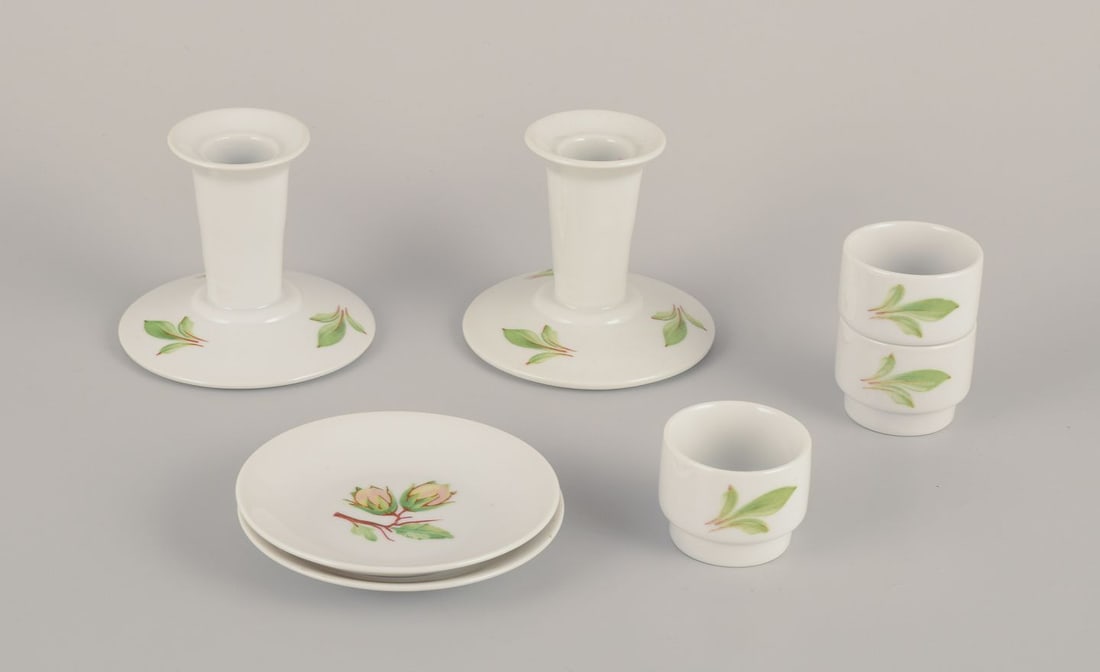 Danild/Lyngby, "Picnic". A pair of candlesticks, three egg cups, and two small plates. 1960s/1970s. (1 of 5)