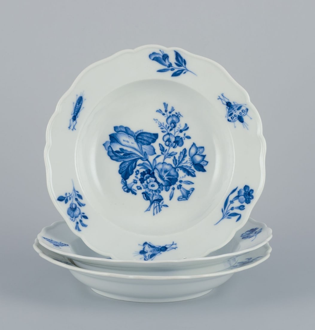 Meissen, Germany, three large deep plates in porcelain with flowers and insects. 19th C. (1 of 8)