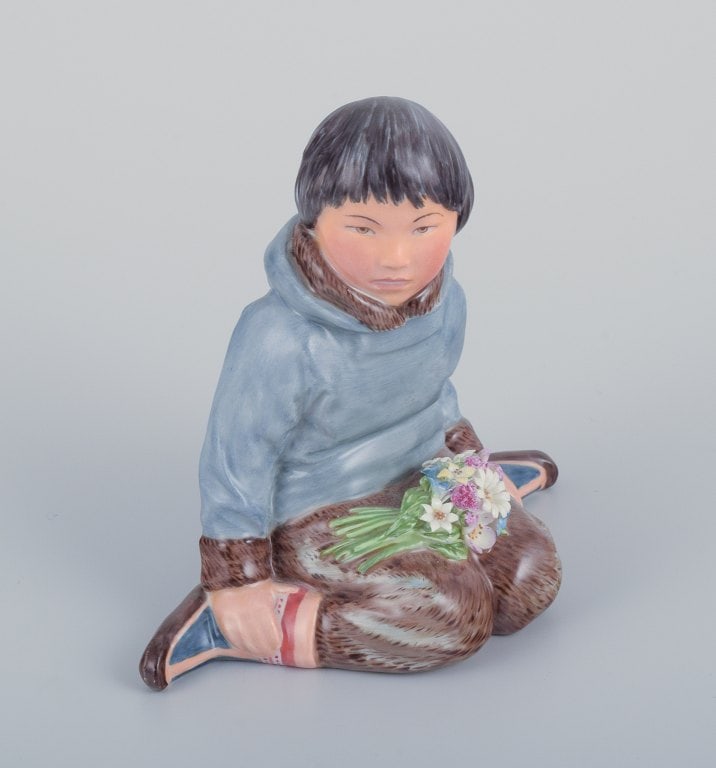 Royal Copenhagen, regional figurine of a Greenlandic boy holding a bouquet of flowers. - 3