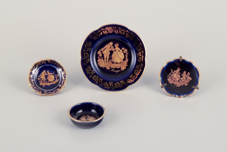 Limoges, France. Four pieces of miniature porcelain decorated with 22-karat gold leaf and beautiful (1 of 9)