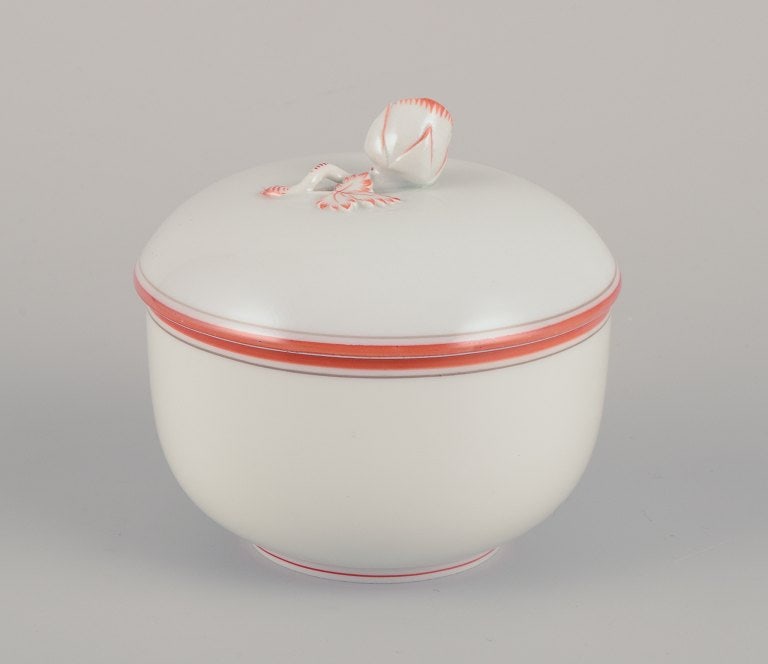 Meissen, Germany. A sugar bowl and a salt cellar. Decorated with coral red and gold-colored trim. - 3