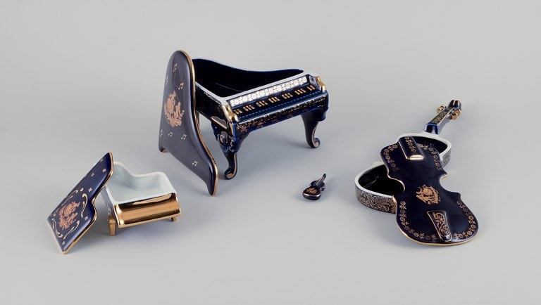 Limoges, France. Four porcelain musical instruments decorated with 22-karat gold leaf and beautiful - 2