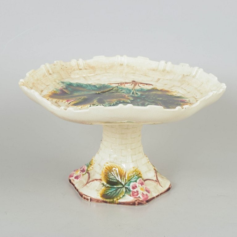 Gustavsberg, Sweden. Majolica compote with relief moulded and floral decoration. Circa 1900. (1 of 4)