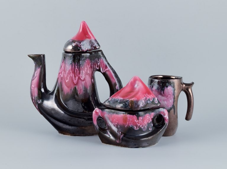 Valluris, France, coffee pot, lidded bowl and a coffee mug. Luster glaze. (1 of 7)