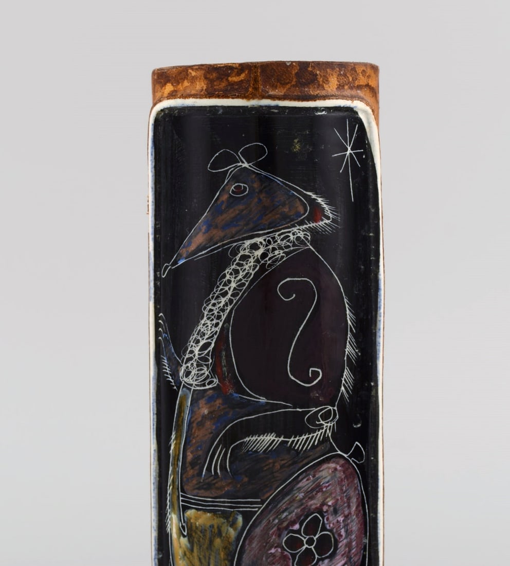 Fidia, italy. Vase in leather covered ceramics with hand-painted rat. 1960s. - 2
