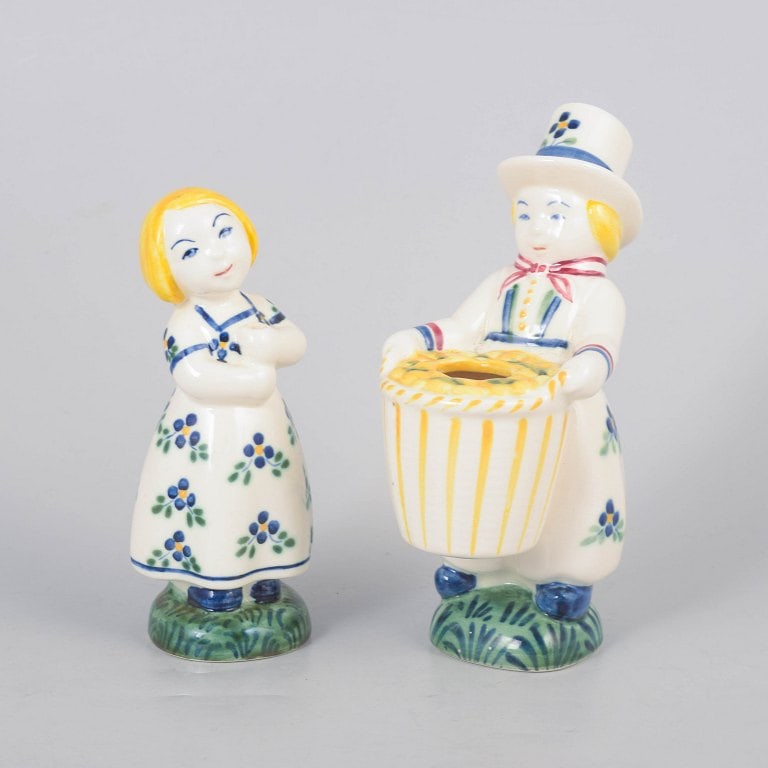 Aluminia, Denmark. Two faience figures - Little Sister and Cousin children aid figures in blue, (1 of 4)