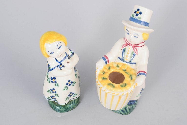 Aluminia, Denmark. Two faience figures - Little Sister and Cousin children aid figures in blue, - 2