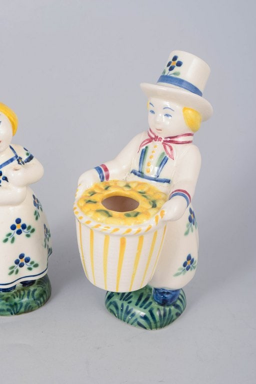 Aluminia, Denmark. Two faience figures - Little Sister and Cousin children aid figures in blue, - 3