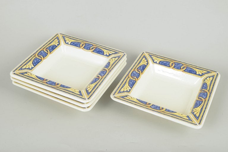 Tiffany Boutique, italy. Set of four square ceramic dinner plates with a wide border in blue, yellow - 2