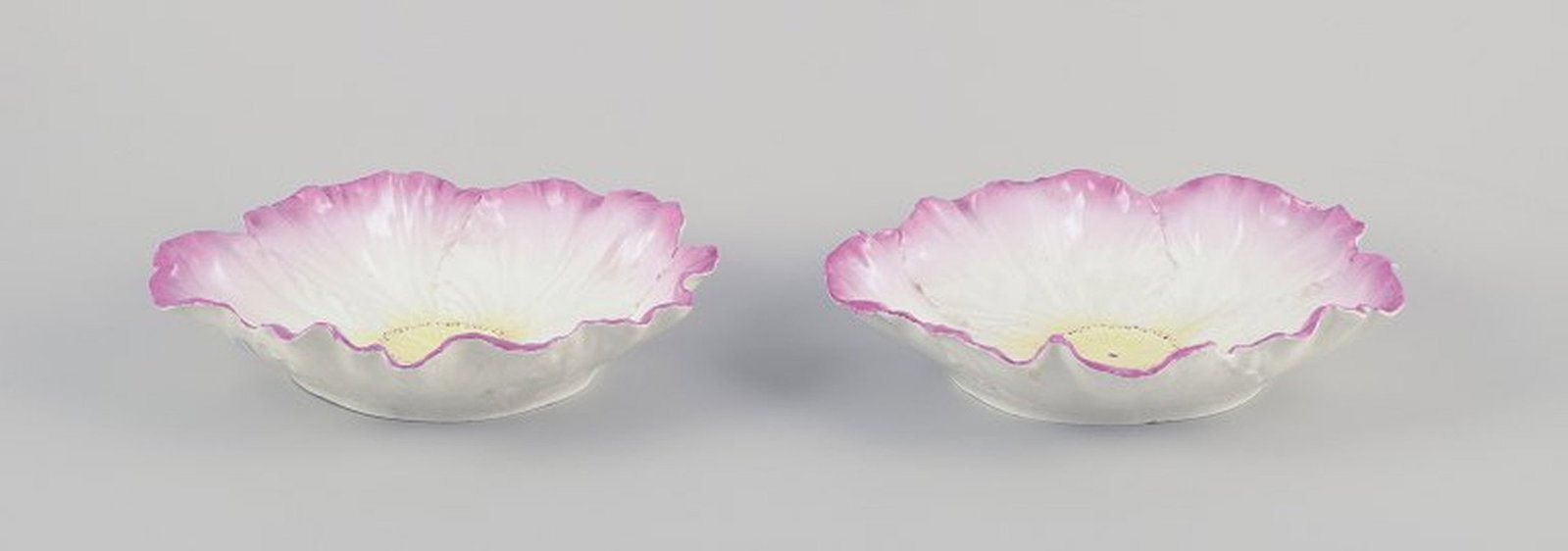 Two French Art Nouveau bowls in faience. Floral motif. Hand-painted in yellow and pink. Early-20th - 2