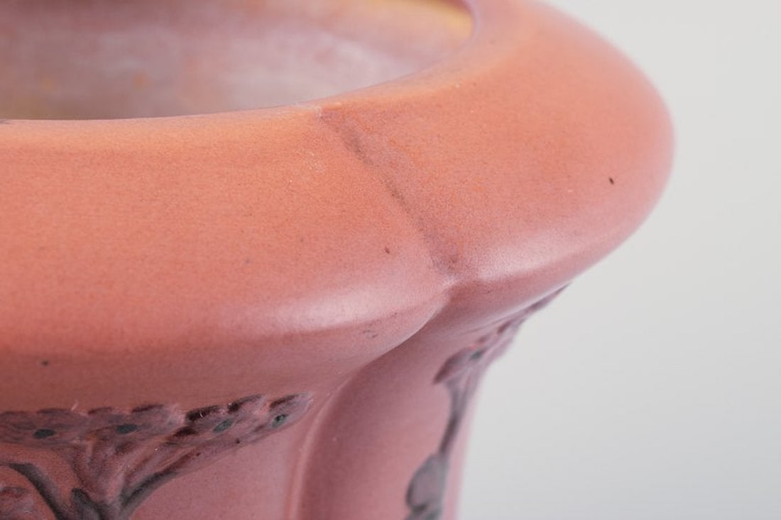 Ipsens, Denmark. Ceramic vase with floral motifs in orange and green glaze. 1920s/1930s. - 6
