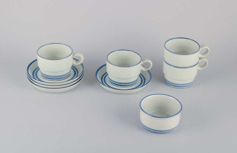 Stig Lindberg for Gustavsberg. A set of four "Dart" stoneware coffee cups and saucers, along with a: Stig Lindberg (1916-1982) for Gustavsberg. A set of four "Dart" stoneware coffee cups and saucers, along with a sugar bowl. Hand-painted. 1960s/1970s. Partially marked. in perfect condition. Cup: Diam