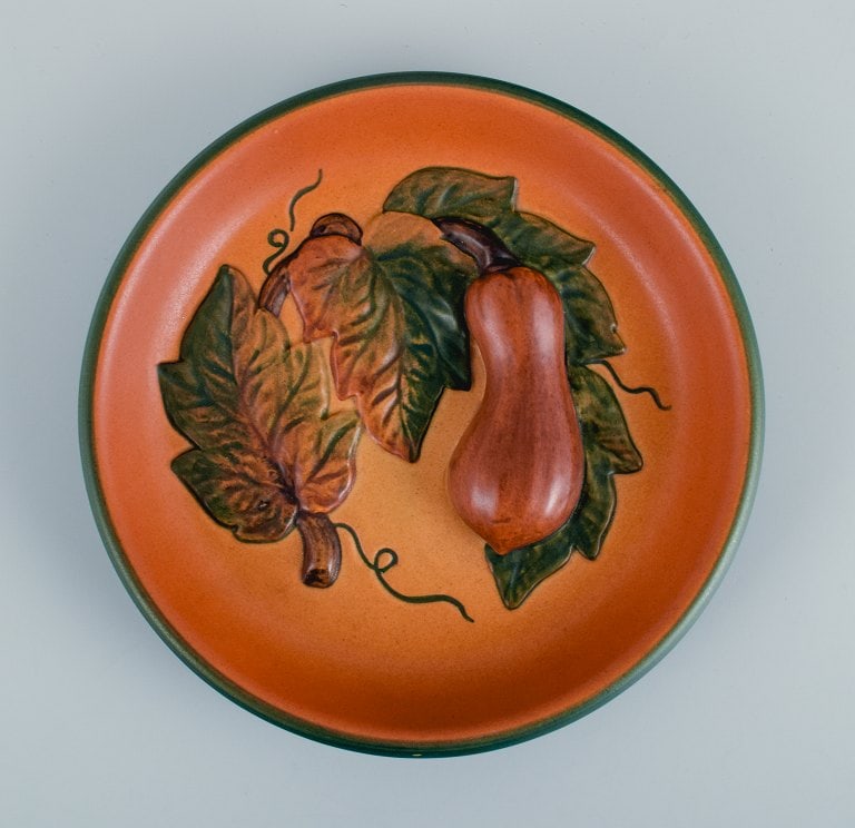 Ipsen's, Denmark. Bowl with leaves and pumpkins, glaze in shades of orange-green. - 3