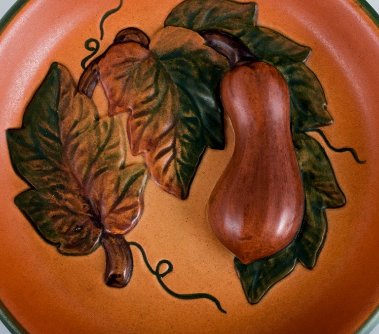 Ipsen's, Denmark. Bowl with leaves and pumpkins, glaze in shades of orange-green. - 4
