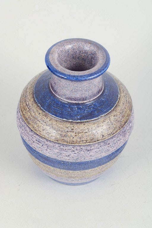 Aldo Londi for Bitossi, italy. Ceramic vase with concentric rings in blue, cream and sandy tones. - 2
