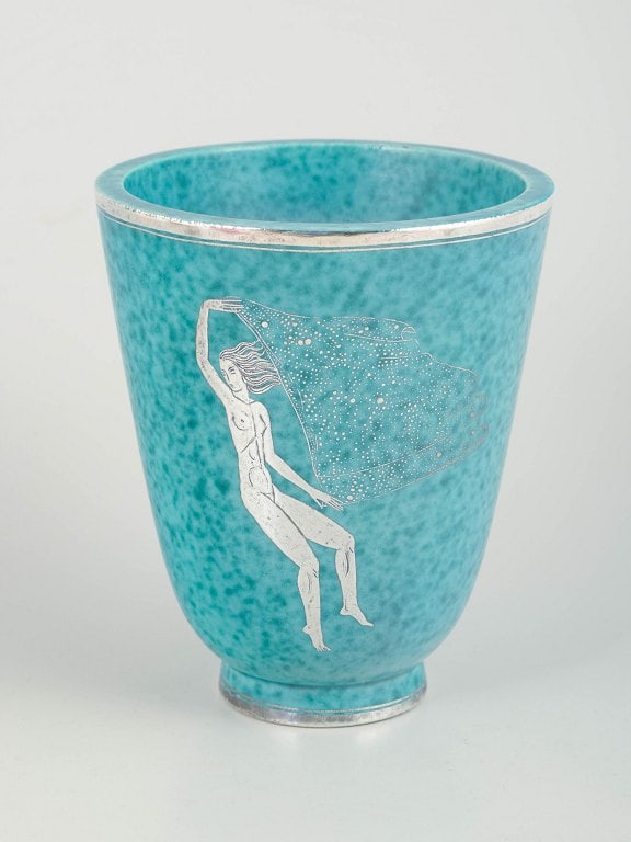 Wilhelm Kage for Gustavsberg, Sweden. Turquoise glazed stoneware vase from the Argenta series.: Wilhelm Kage for Gustavsberg, Argenta vase. Turquoise glazed stoneware vase from the Argenta series with inlaid silver decoration depicting a figure motif. Model 978. Origin: Sweden. Designer: Wilhelm