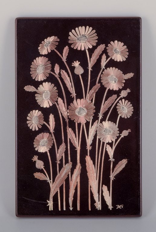 Heinz Erret for Gustavsberg, Sweden. Large ceramic relief. Floral motif decorated in silver. Flower - 2