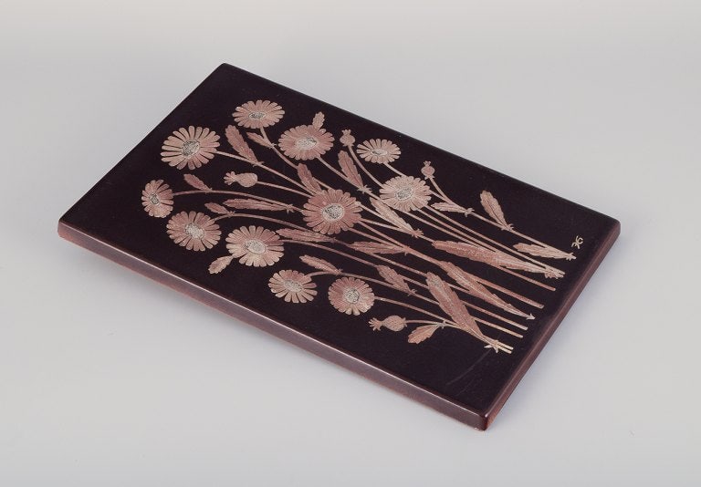 Heinz Erret for Gustavsberg, Sweden. Large ceramic relief. Floral motif decorated in silver. Flower - 3
