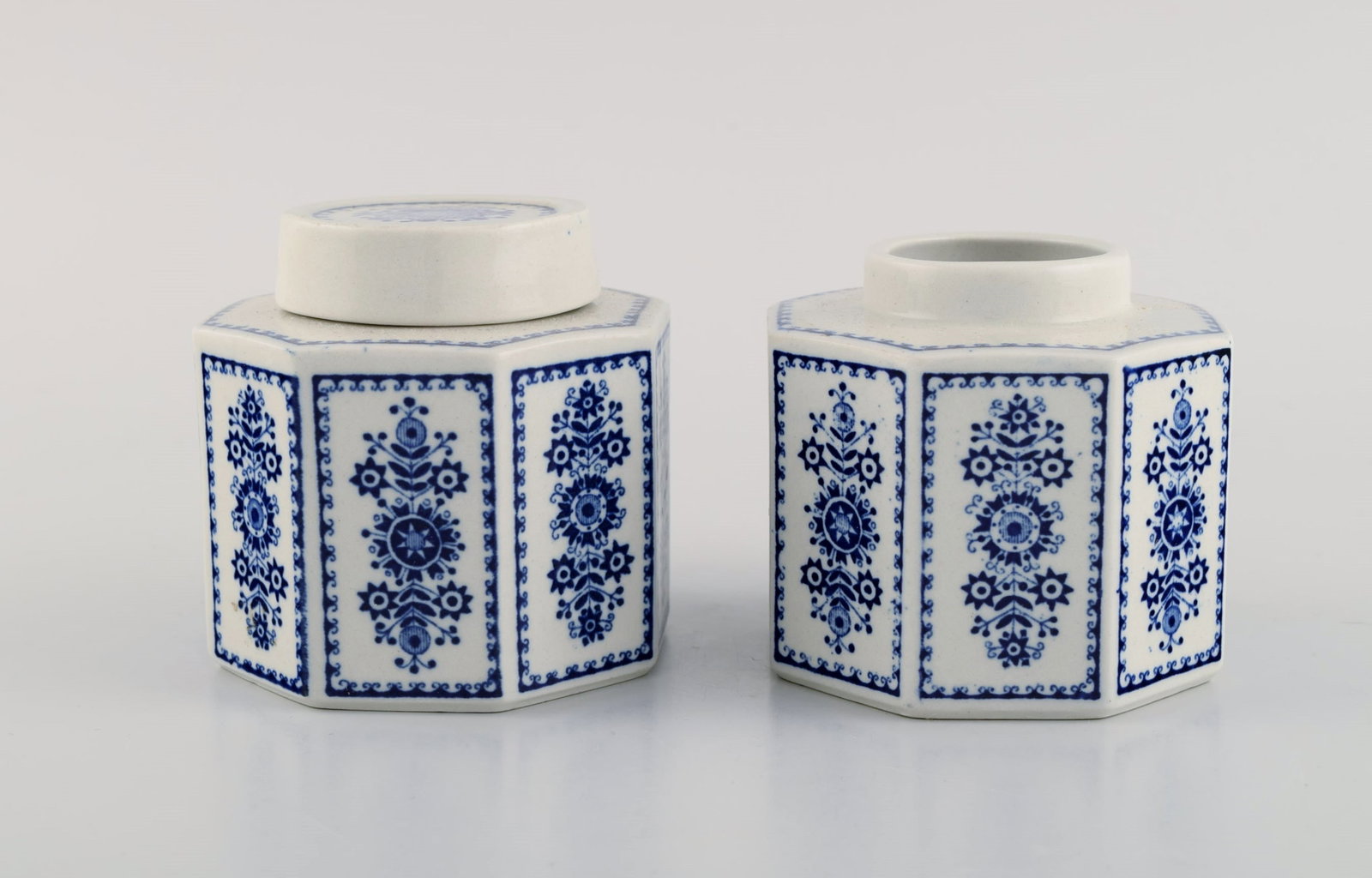 Arabia, Finland. Two candlesticks, two dishes, two tea caddies and a jug in glazed stoneware. Retro, - 7
