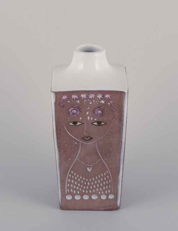 Mari Simmulson for Upsala Ekeby, Sweden. Ceramic vase in a square shape. Features floral and female - 2