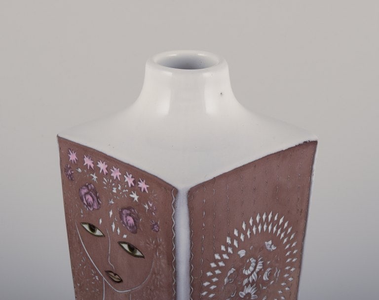 Mari Simmulson for Upsala Ekeby, Sweden. Ceramic vase in a square shape. Features floral and female - 7