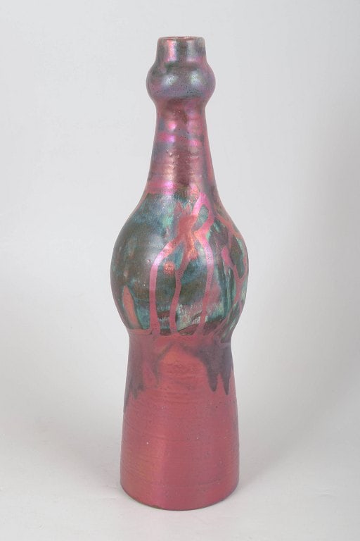 European studio ceramicist, tall stoneware floor vase in pink tones with blue glaze detail at the (1 of 4)