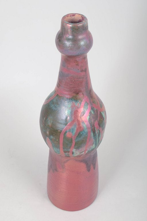 European studio ceramicist, tall stoneware floor vase in pink tones with blue glaze detail at the - 2