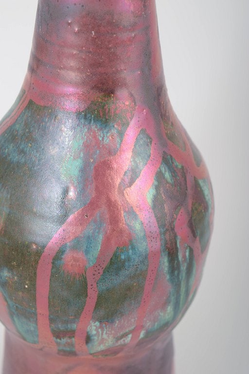 European studio ceramicist, tall stoneware floor vase in pink tones with blue glaze detail at the - 3