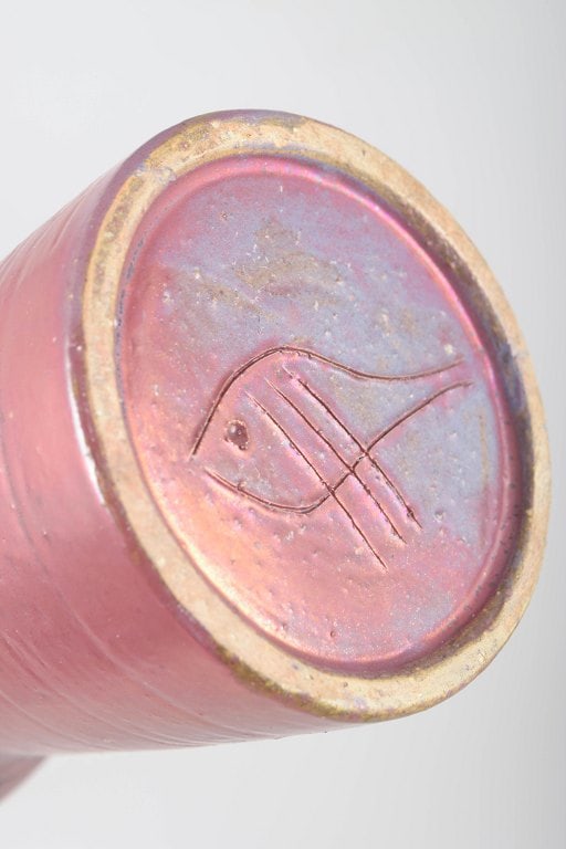 European studio ceramicist, tall stoneware floor vase in pink tones with blue glaze detail at the - 4