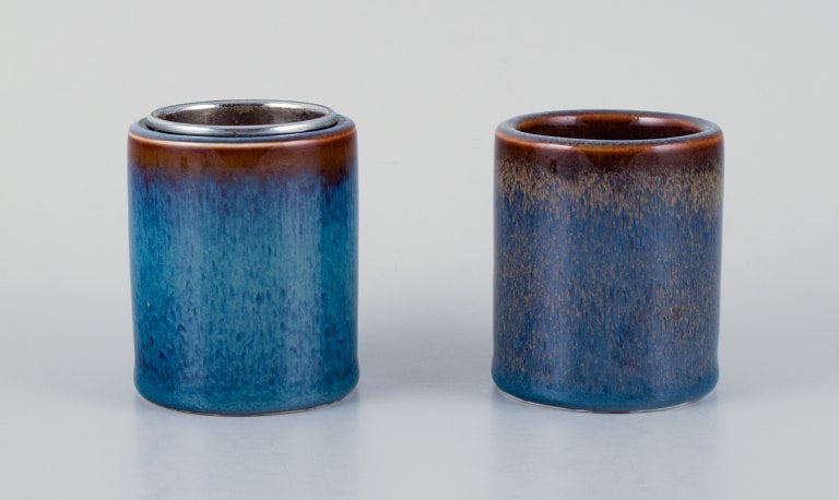Carl Harry Stalhane for Rorstrand, a pair of ceramic vases with blue glaze. (1 of 5)
