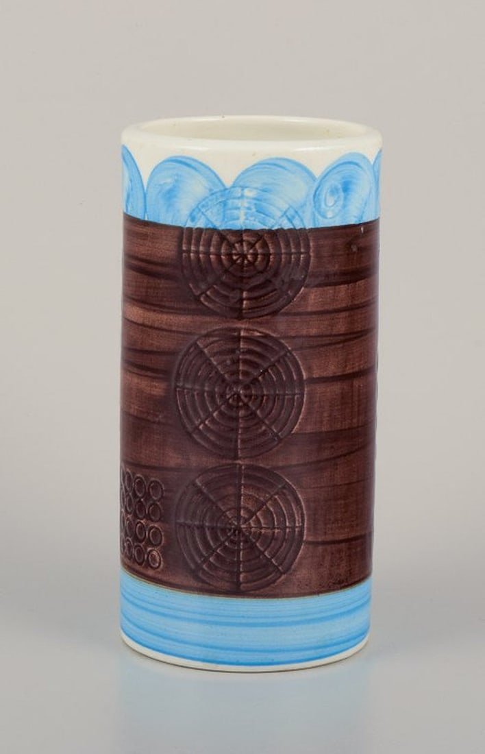 Olle Alberius for Rorstrand, Sweden. 'Sarek' ceramic vase in a modernist design with circles. Light: Olle Alberius for Rorstrand. "Sarek" ceramic vase in a modernist design with circles. Light blue and brown glaze. Hand-painted. Mid-20th century. Marked. in perfect condition. Dimensions: H 16.0 cm x