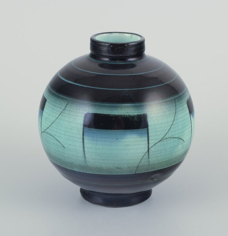 ilse Claesson for Rorstrand, Sweden. Vase in glazed faience. 1930s.: ilse Claesson for Rorstrand, Sweden. Vase in glazed faience. Art Deco. Bauhaus-inspired decoration. Hand-painted. Polychrome glaze. Dating: 1930s. in perfect condition with natural crazing. First fact