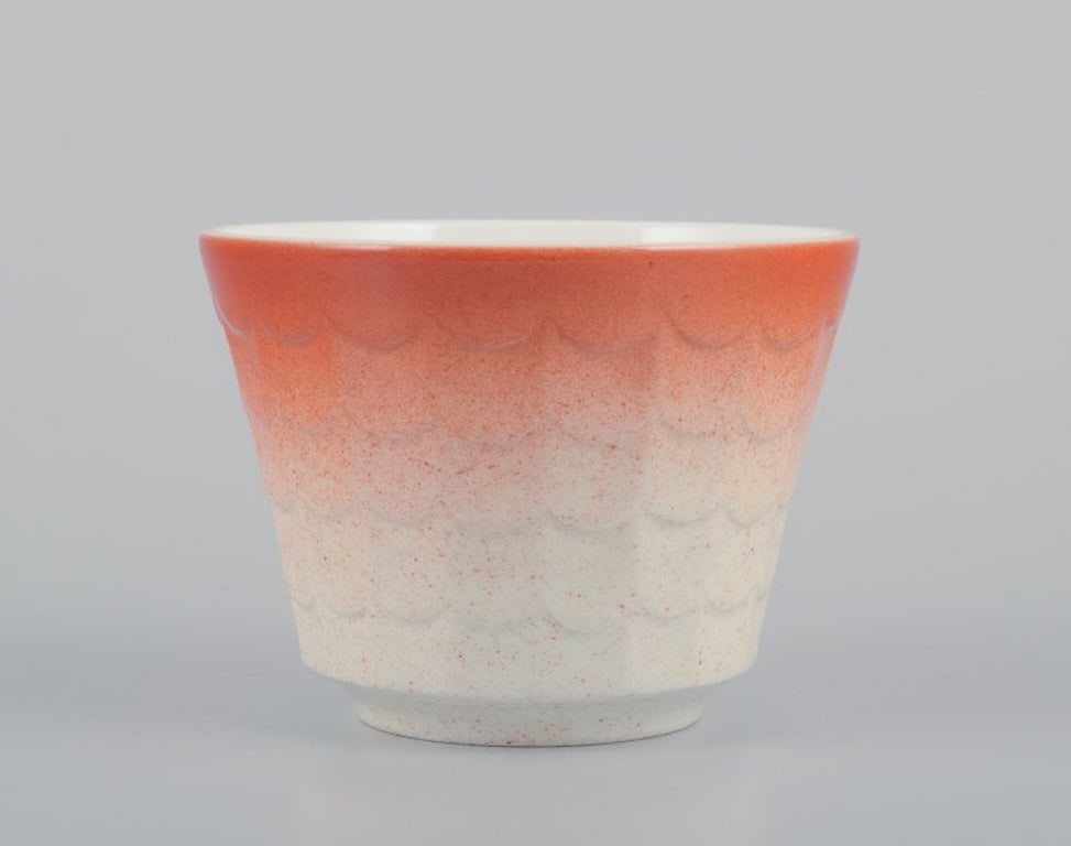 Wilhelm Kage for Gustavsberg, Sweden. Five porcelain plant pots. Glazed in orange and blue. 1960s. - 7