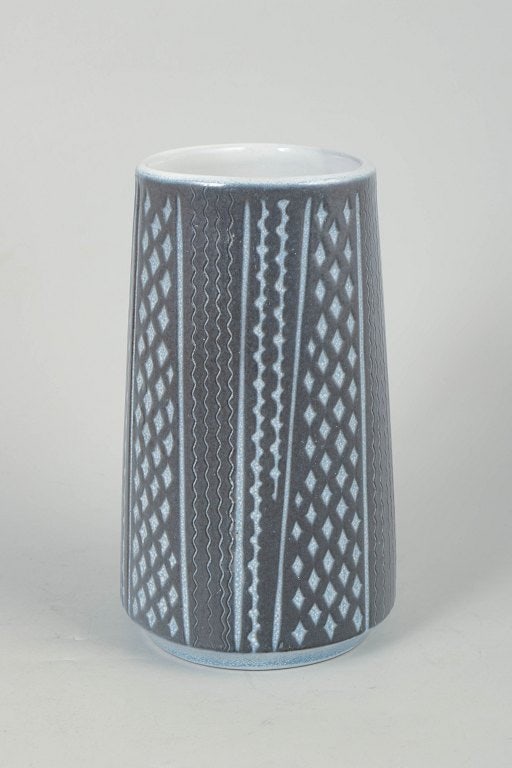 Mari Simmulson for Upsala Ekeby, Sweden. Cylindrical ceramic vase in grey-blue and white tones. (1 of 4)