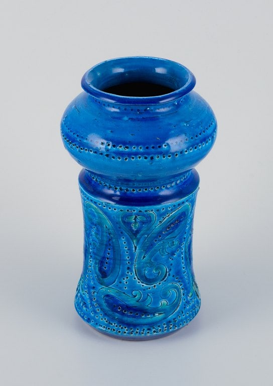 Aldo Londi for Bitossi, italy, ceramic vase in azure blue glaze. - 3