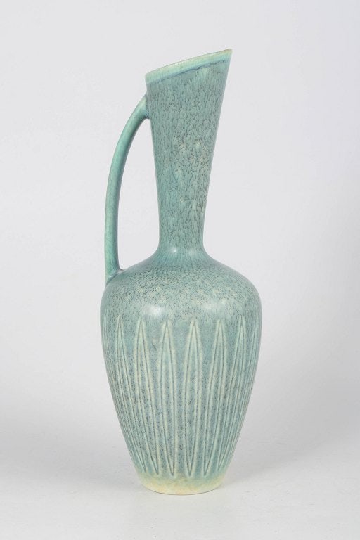 Gunnar Nylund for Rorstrand, Sweden. Tall stoneware pitcher with fluted body in light (1 of 4)