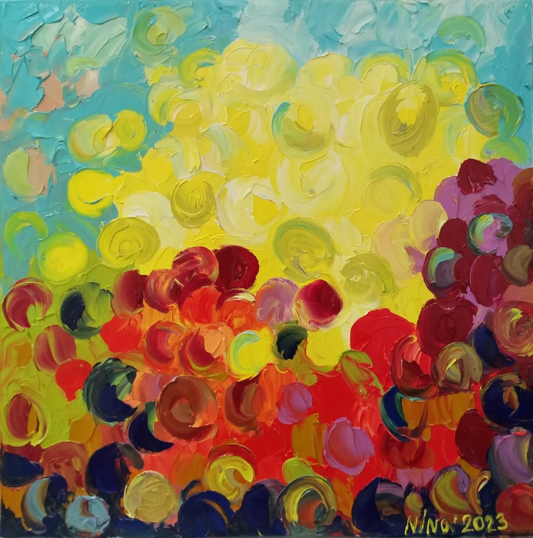 Abstract Oil painting joy Nina L: Title: Abstract Oil painting joy Nina L Description: 69Lt Painter: Nina L. Size: 50x50 cm/ 19.68x19.68 inches Components: oil, canvas Original painting CONDITION: exellent ERA: 2023 ARTIST: She was