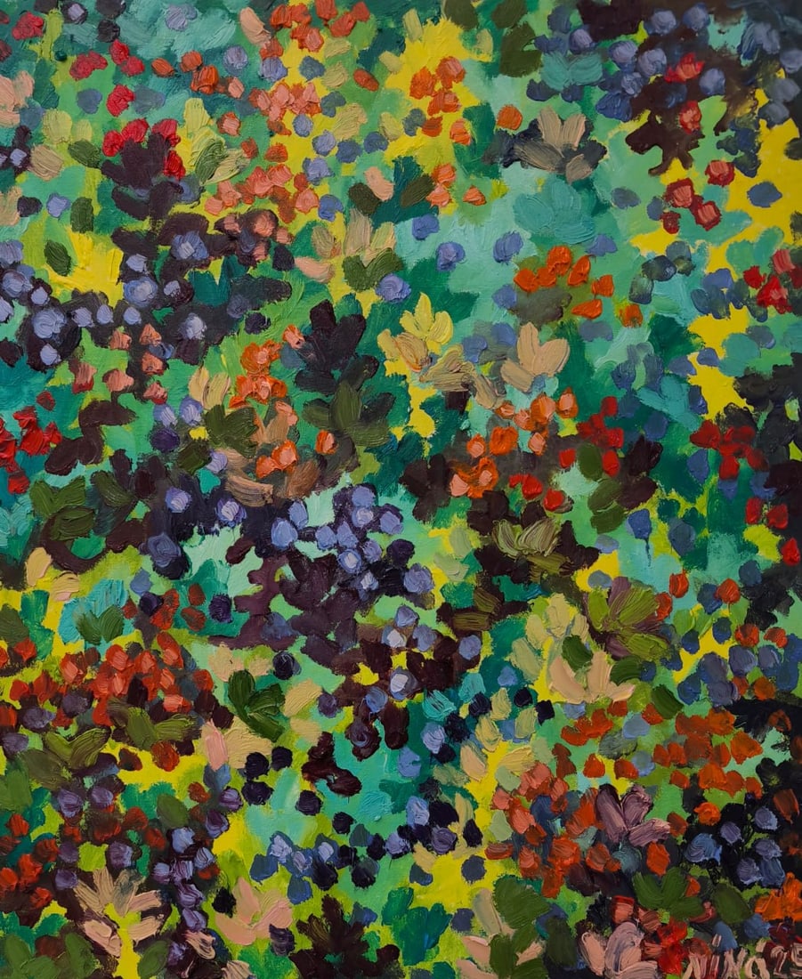 Abstract Oil painting Berries field Nina L: Title: Abstract Oil painting Berries field Nina L Description: 191Lt Painter: Nina L. Size: 60x50 cm/ 23.62x19.68 inches Components: oil, canvas Original painting CONDITION: exellent ERA: 2025