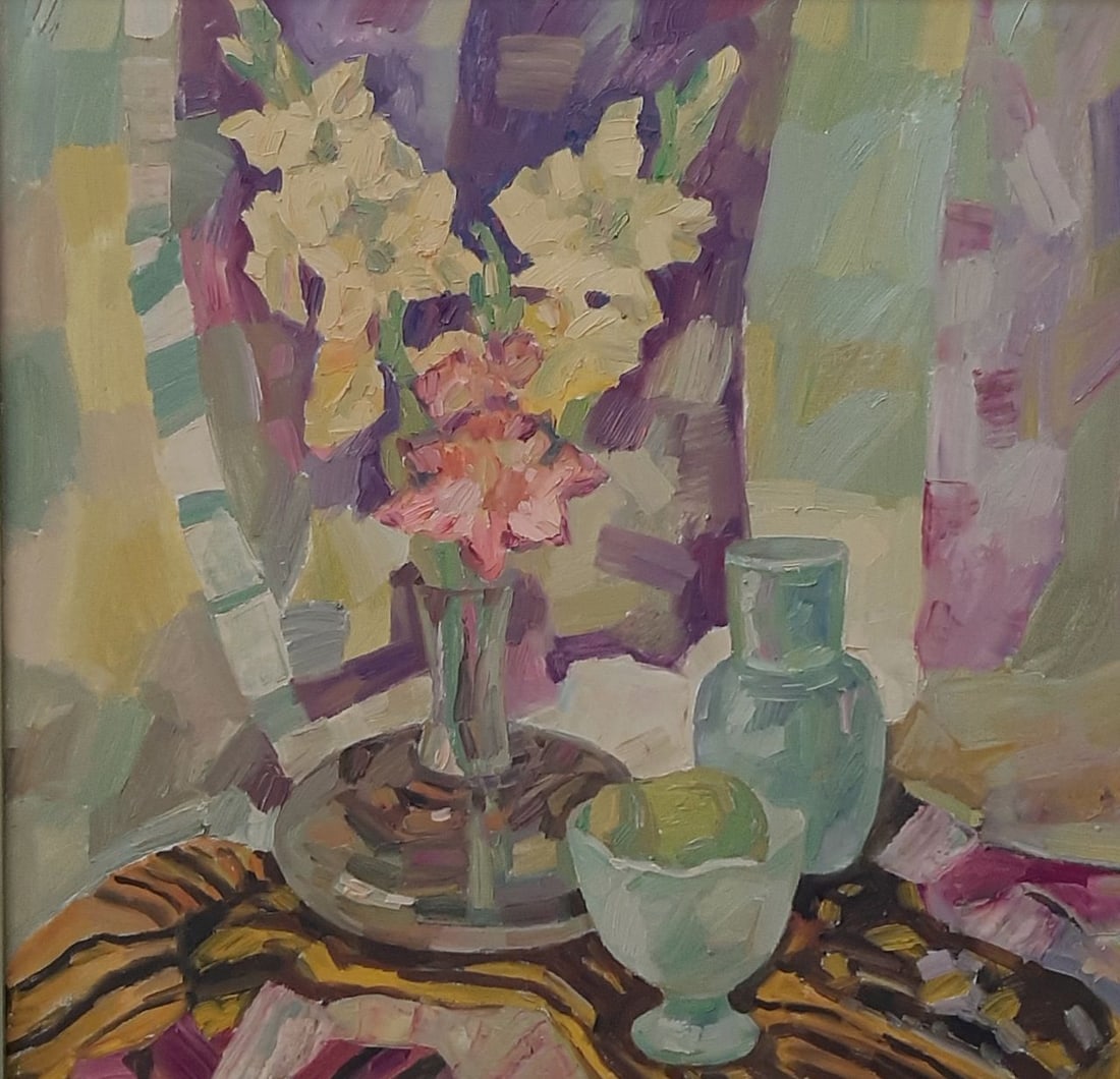 Abstract Oil painting Still life with gladioli Tetyana Shulyak: Title: Abstract Oil painting Still life with gladioli Tetyana Shulyak Description: 31Sl Painter: Tetyana Shulyak Size: 59x59cm/23,23x23,23 inches Components: oil, canvas Original painting from our