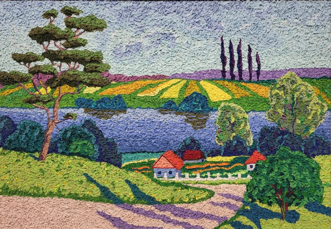 Handicraft Near the river: Title: Handicraft Near the river Description: 01Serd Painter: Size: 49x70 cm/19,29x27,56 inches Components: Fabric, glue, fiberboard Original Artwork from our collection ERA: $290 Shipping: Domestic: