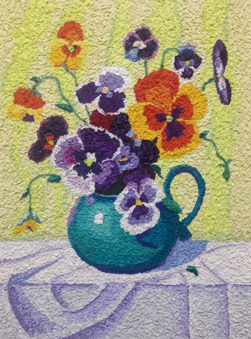 Handicraft Pansies: Title: Handicraft Pansies Description: 02Serd Painter: Size: 60x45 cm/23,62x17,71 inches Components: Fabric, glue, fiberboard Original Artwork from our collection ERA: 2023 $190 Shipping: Domestic:
