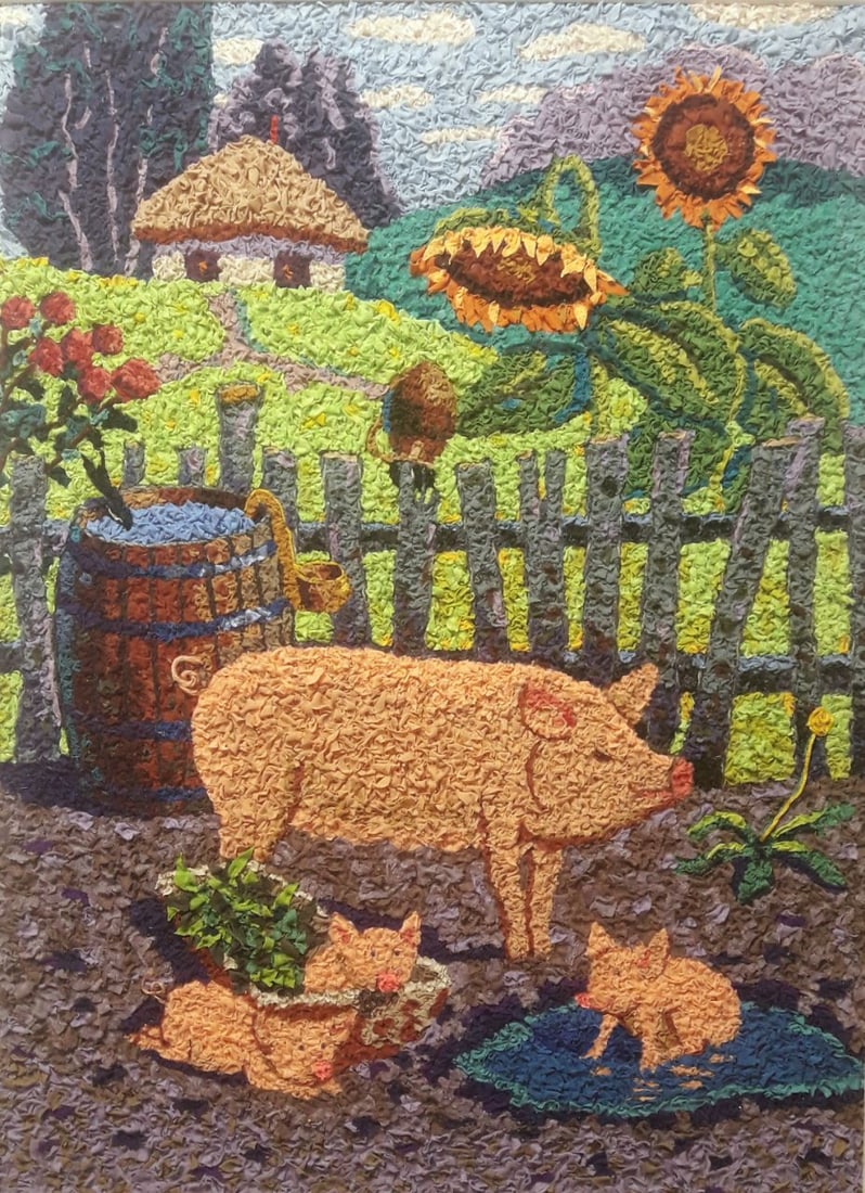 Handicraft A cheerful family: Title: Handicraft A cheerful family Description: 04Serd Painter: Size: 76x55,5 cm/29,92x21,85 inches Components: Fabric, glue, fiberboard Original Artwork from our collection ERA: $390 Shipping: