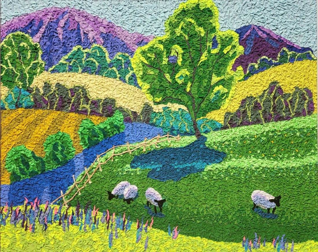 Handicraft Sheep: Title: Handicraft Sheep Description: 06Serd Painter: Size: 48,5x59,5 cm/19,09x23,42 inches Components: Fabric, glue, fiberboard Original Artwork from our collection ERA: 2023 $190 Shipping: Domestic: