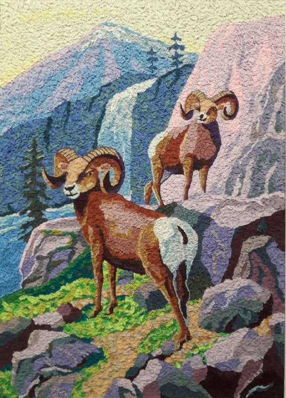 Handicraft Mountain landscape: Title: Handicraft Mountain landscape Description: 07Serd Painter: Size: 70x50 cm/27,56x19,68 inches Components: Fabric, glue, fiberboard Original Artwork from our collection ERA: 2023 $290 Shipping: