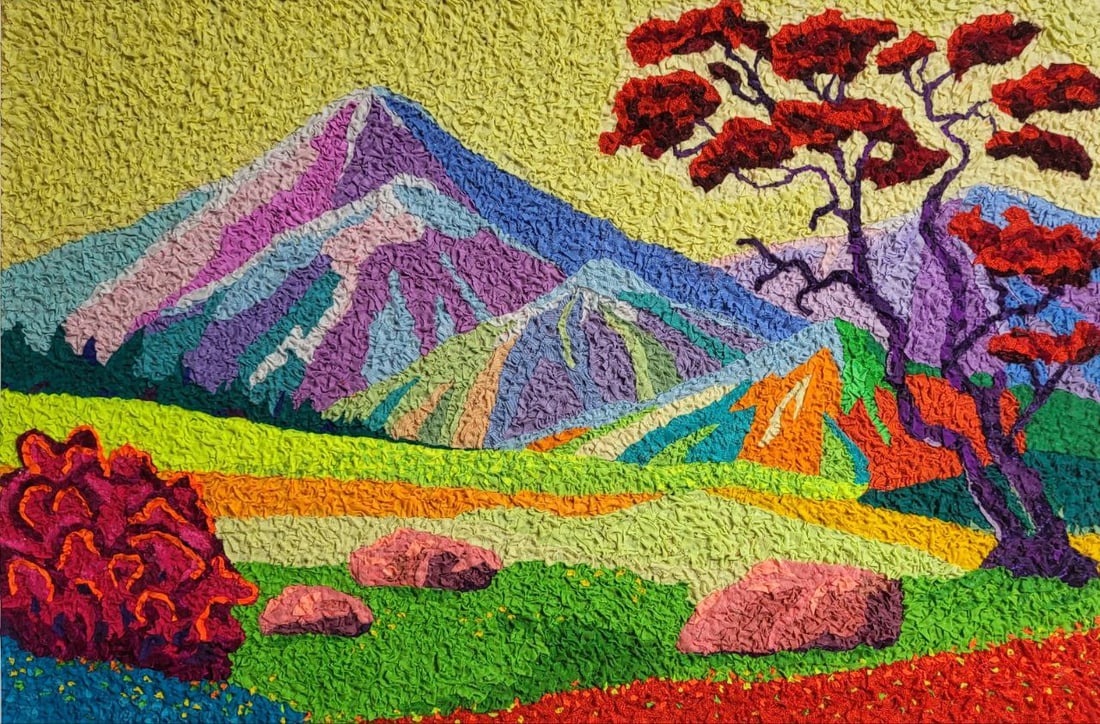 Handicraft Mountains: Title: Handicraft Mountains Description: 08Serd Painter: Size: 47x70 cm/18,50x27,56 inches Components: Fabric, glue, fiberboard Original Artwork from our collection ERA: 2023 $190 Shipping: Domestic: